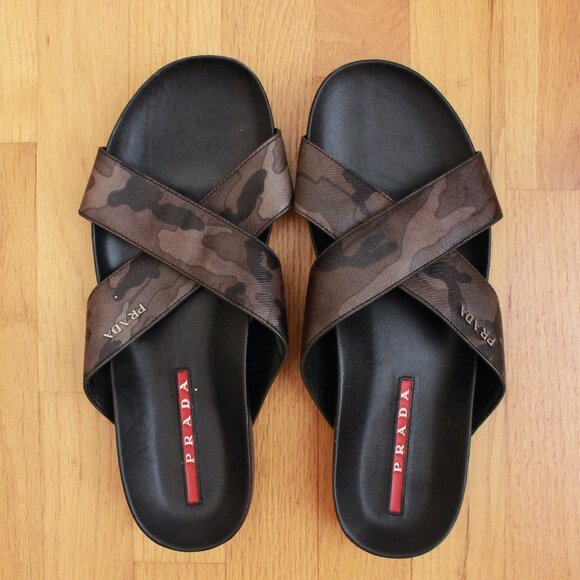 Prada Men's Criss Cross Camo Print Sandals Size 8 - Picture 1 of 11